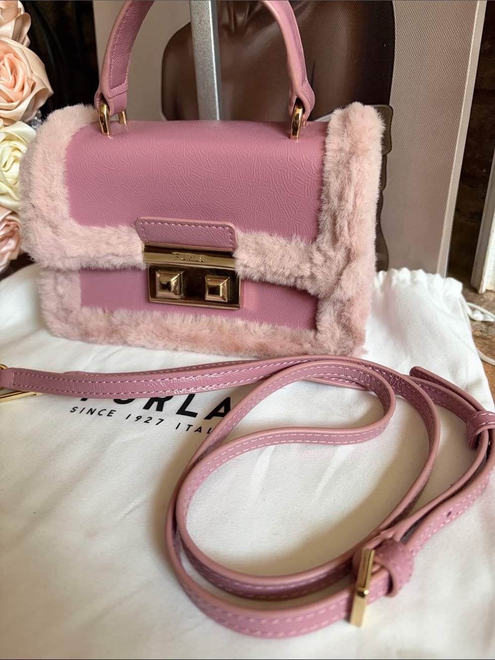 Furla Pink Faux Fur Trim Satchel - Picture 8 of 10